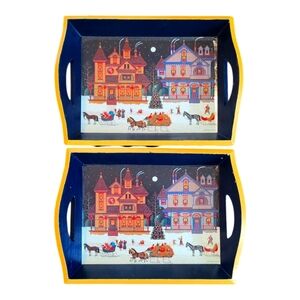 Charles Wysocki 2-Handle Tray Wood Vintage Americana Christmas Folk Art Lot of 2